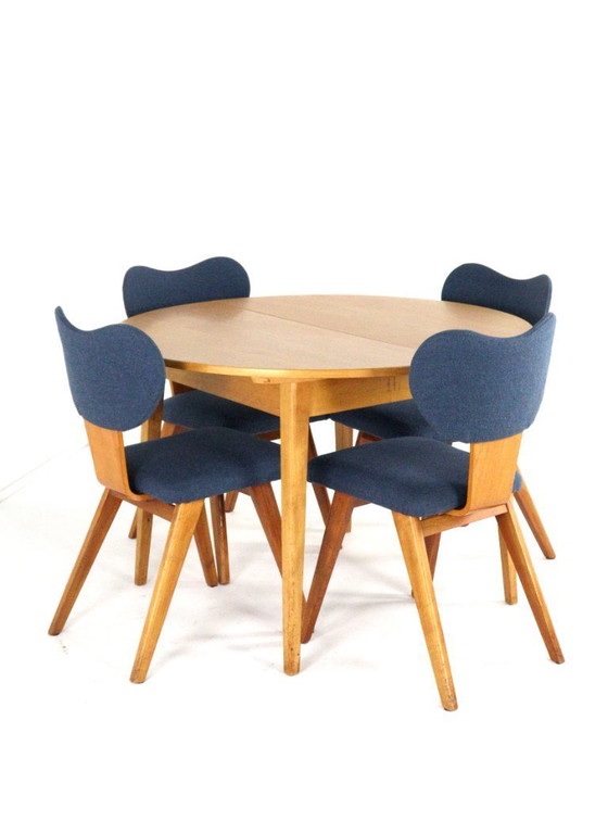 Image 1 of Beech dining set round dining table + 4 vintage dining chairs in the style of Pastoe
