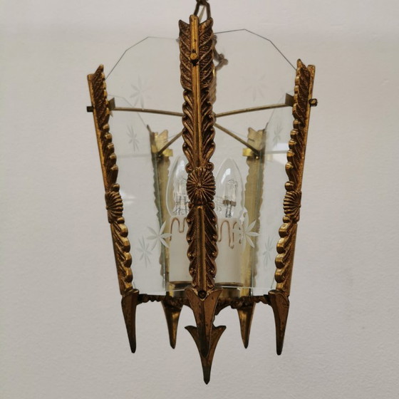 Image 1 of Lampada a lanterna francese in ottone vintage, lampada a sospensione, lampada con catena