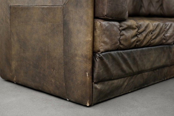 Image 1 of Vintage Duitse brutalistische tweezitsbank in mid-century modern stijl, bruin leer, jaren 70