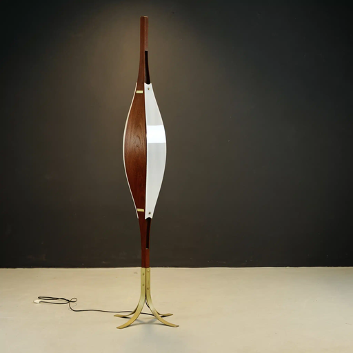 Zeldzame vintage Goffredo Reggiani teakhouten vloerlamp uit circa 1972.