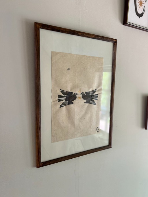 Original hand-painted birds illustration in vintage wooden frame | Minimalist folk art wall decoration