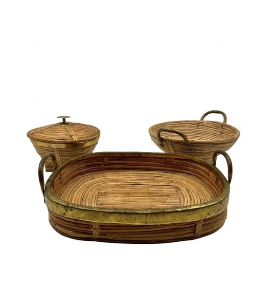 Mid-century set of 3 brass and wicker bowls, Italy ca. 1970, Decorative Objects, Rattan, Brown, Vintage (photo 8 of 10)