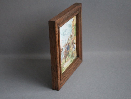 Image 1 of Piastrella in ceramica Mosa, ceramica in cornice di legno, decorazione murale, motivo: Olanda, pescatore, firmata