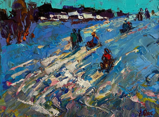 Image 1 of Original Oil Painting Frost Village Landscape Until the winter twilight