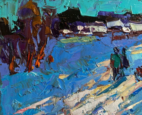Image 1 of Original Oil Painting Frost Village Landscape Until the winter twilight