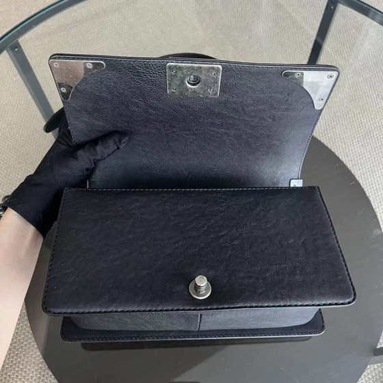 Image 1 of Chanel Boy Medium - 25CM Paris-Dallas Metal Edge Grained Calfskin Black Silver Hardware Series 19