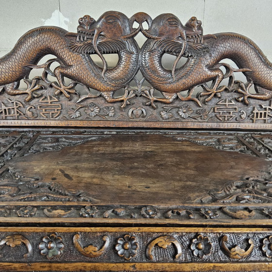 Image 1 of Antique 19th Century Chinese Writing Desk Mythological Dragon Wood Carving / Bohemian / Asian / Oriental (Huanghuali Wood)