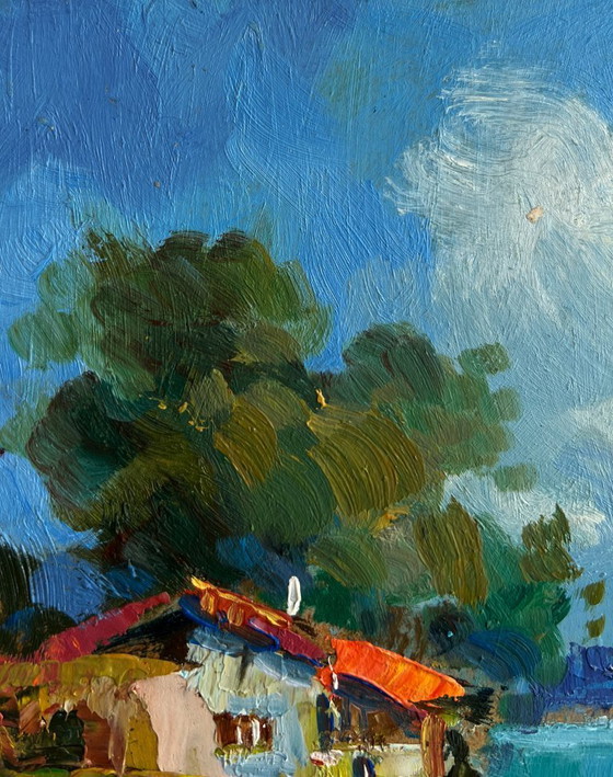 Image 1 of Original Oil Painting Coastal House Landscape House near the river