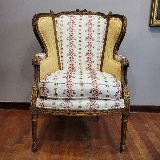 Image 1 of Sillón corbeille en madera, tapizado Pierre Frey, Napoleón III, circa 1820 – Francia