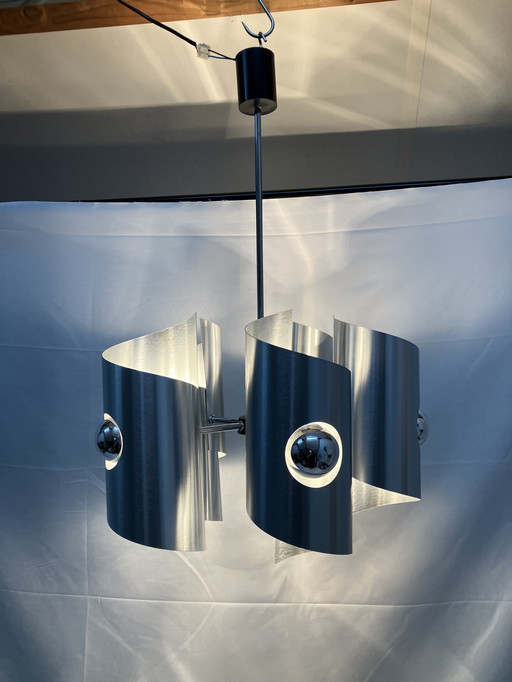 Vintage space age hanglamp, Polam, geborsteld aluminium