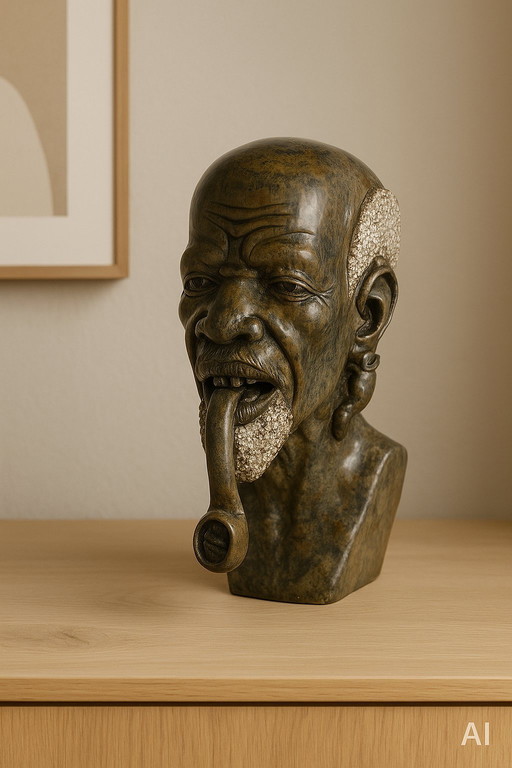 Hand-carved Shona bust of a man with a pipe – Serpentine stone – Approx. 25 cm – Zimbabwe