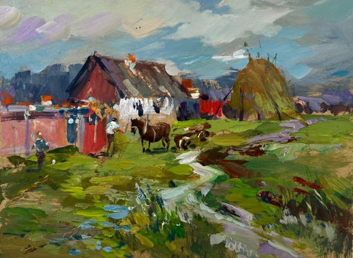 Original Oil Painting Summer Village Landscape Horses by the hay