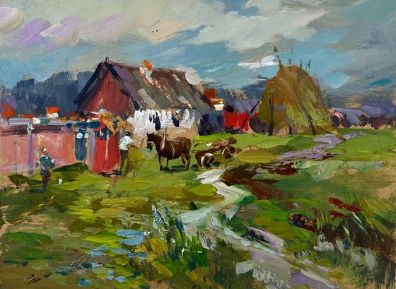 Image 1 of Original Oil Painting Summer Village Landscape Horses by the hay