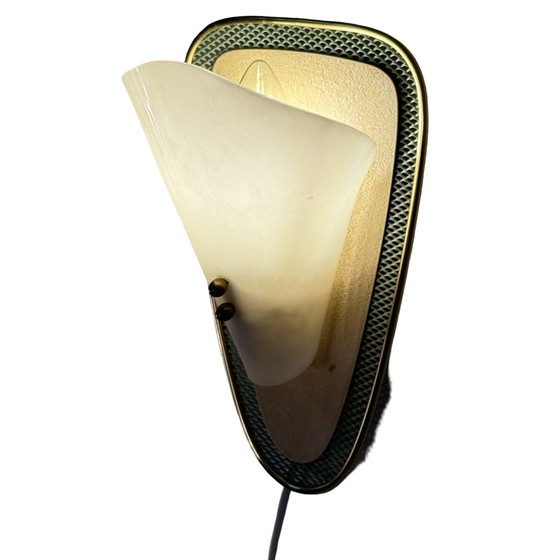 Image 1 of Atomic Age / Mid Century Modern - Lampada da comodino / da parete / applique - Ottone e rete