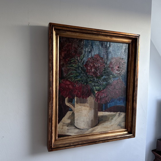 Image 1 of Vintage Oil Painting – Red Peonies in White Jug, Signed FAE, Expressive Floral Still Life, Belgian School Framed Artwork, 20th C