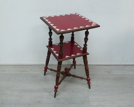 Side table high with shelf Art Nouveau, dark walnut + shabby red + ivory-cream pattern, around 1900