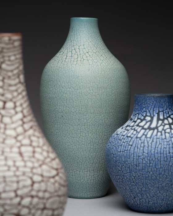 Image 1 of ALBERT KIESSLING "SNAKESKIN" Vase TRIO East German Pottery REDUKTIONSGLASUR GDR