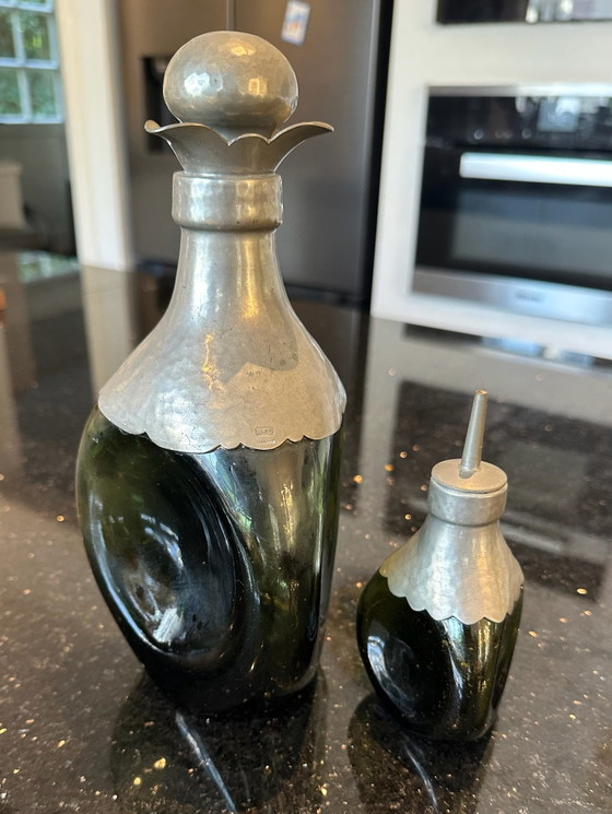 Art Deco Gero Pewter & Green Glass Decanter Set by Georg Nilsson, 1930s, Glass & Decanter, Multi Color (photo 2 of 5)