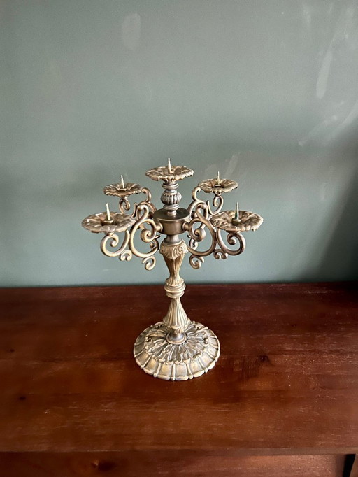 Mid - Century candelabra in historicism style, heavy 5-arm candlestick with original decorative candles, 1960s-1970s