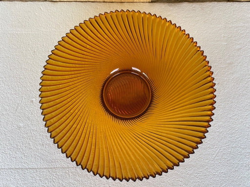 Obstschale aus Glas im Mid-Century-Stil, Vintage, bernsteinfarben, mit Wirbelmuster, 1970er Jahre