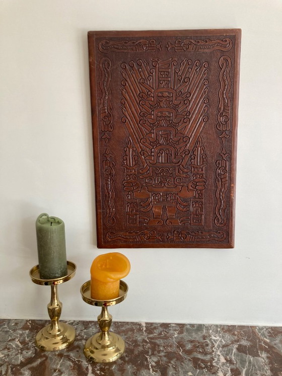 Brutalistisch Lederen Paneel Leer – Wanddecoratie, Leather, Wood (photo 8 of 8)