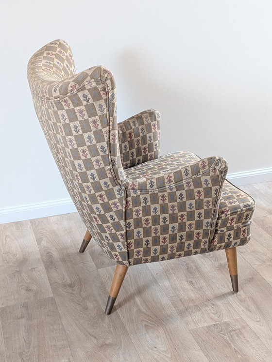 Vintage 1950s Belgian Wingback Armchair – Original Graphic Upholstery & Compass Legs – Brass, Wood (photo 8 of 12)