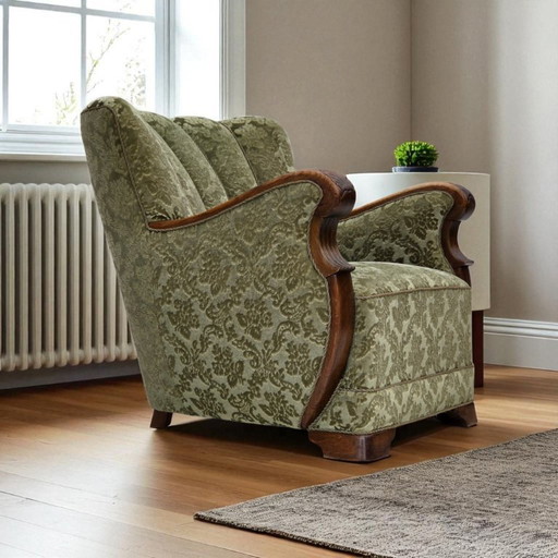 1960s, Danish armchair, green furniture velour, solid oak wood.