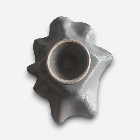 Image 1 of Studio ceramic bowl on foot with organic shape and gray glaze – signed studio mark