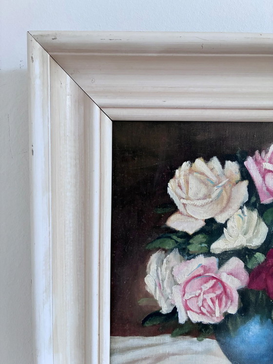 Image 1 of Peinture à l'huile originale vintage représentant des roses, signée.