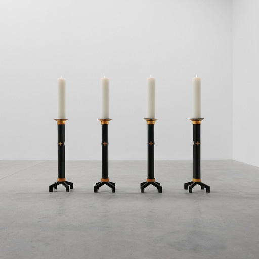 Rare set of 4 very large church candle sticks in black metal and copper, 1960s