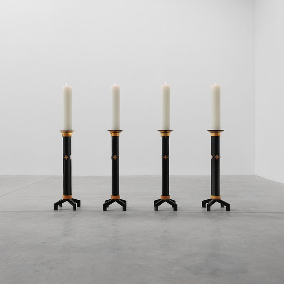 Image 1 of Rare set of 4 very large church candle sticks in black metal and copper, 1960s