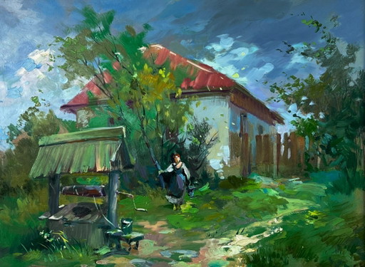 Peinture à l'huile originale, paysage rural, puits de village d'été