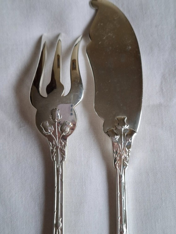 Image 1 of 6 couverts à poisson argentés art nouveau 'Chardons' orfèvre Boulenger