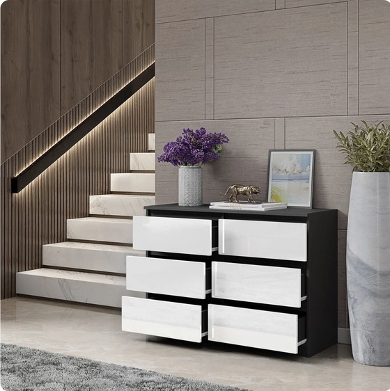 Neuf | Commode moderne à 6 tiroirs | Anthracite | Chêne Wotan – belform, Mdf (photo 4 of 4)
