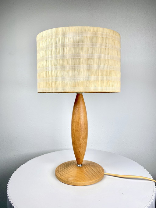 Vintage HEMA Mid Century Tafellamp - Houten Voet & Geweven Stro Ovale Kap - 1960-70s Gezellig Rustiek Home Decor