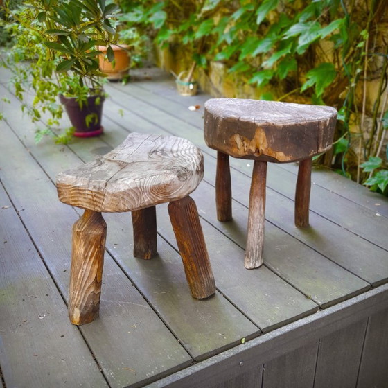 Image 1 of Pair of Brutalist tripod stools in grey pine. France, 50s