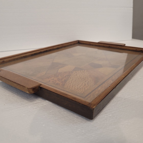 Image 1 of Bandeja Art Déco, Marquetería Y Cristal, 1950 – Francia