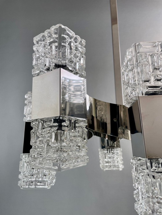 Image 1 of Italian 1970s Chandelier Attributed to Targetti, 16 Lights, Art Glass & Chrome Steel. Modernist Design