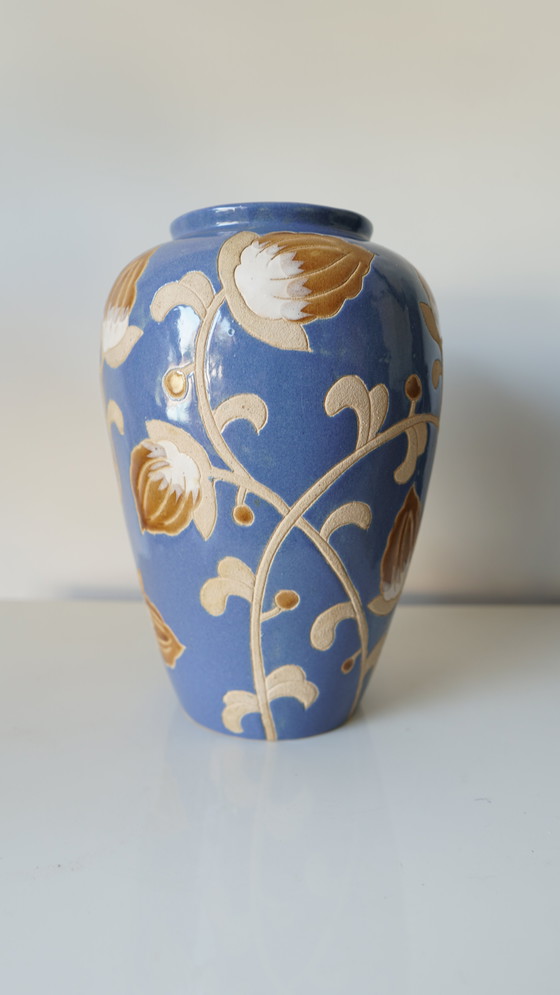 Image 1 of Vase En Grès Vernissé - Décor Floral En Relief - Style Keramis - Années 70/80
