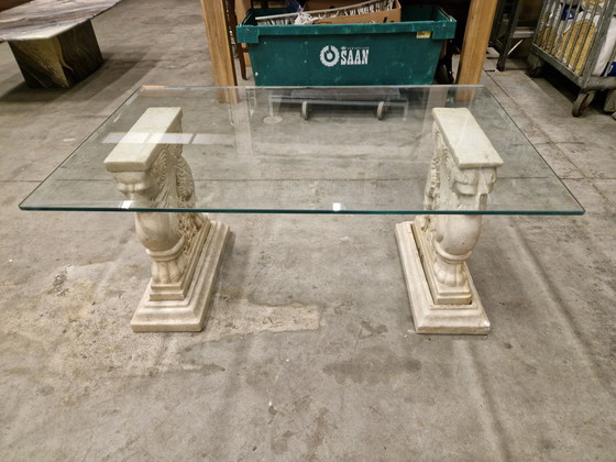 Image 1 of Classic coffee table with glass top and marble pedestals | 109 x 68 x 52 cm