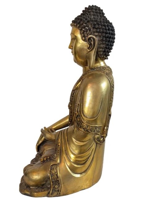 Grande Buddha in Bronzo Dorato a Fuoco – Stile Ming – Cina ca. 1930– kg) – Sculture, Bronze (photo 7 of 10)