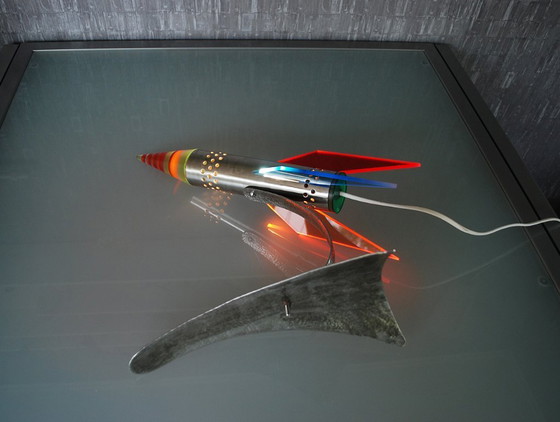 Image 1 of Rocket lamp, Red Yellow Blue made of stainless steel 1970s Space age, handmade