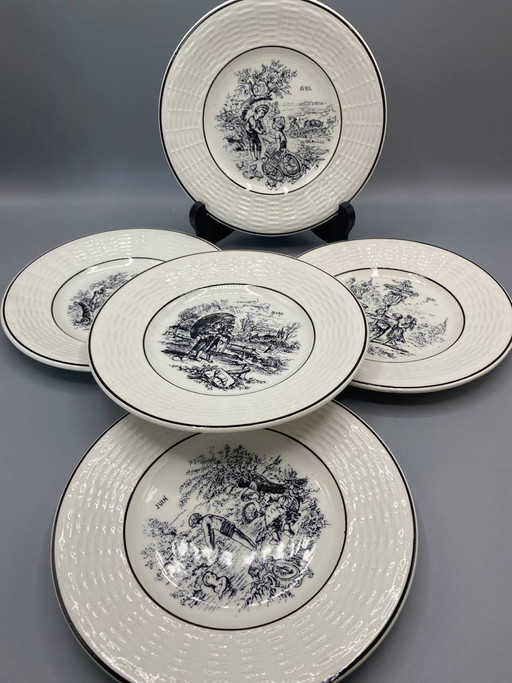 5 Earthenware Dinner Plates, "The Months" Decor, Digoin-Sarreguemines, France – decoratieve objecten