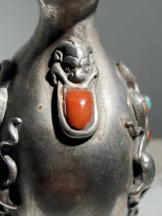 Image 1 of Antique kohl bottle, partially made of silver, inlaid with turquoise and coral