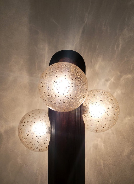 Hustadt Leuchten Brutalist floor lamp with three glass spheres, Table lamps, Wood, Brown, Vintage (photo 10 of 11)