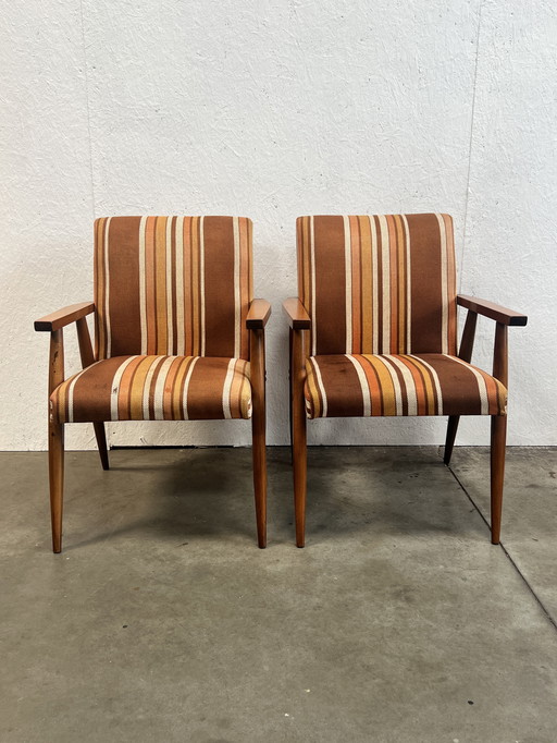 Two Vintage Wooden Armchairs With Striped Fabric, 1970's
