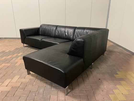 Image 1 of Canapé d'angle en cuir véritable noir – Assise large – Base solide