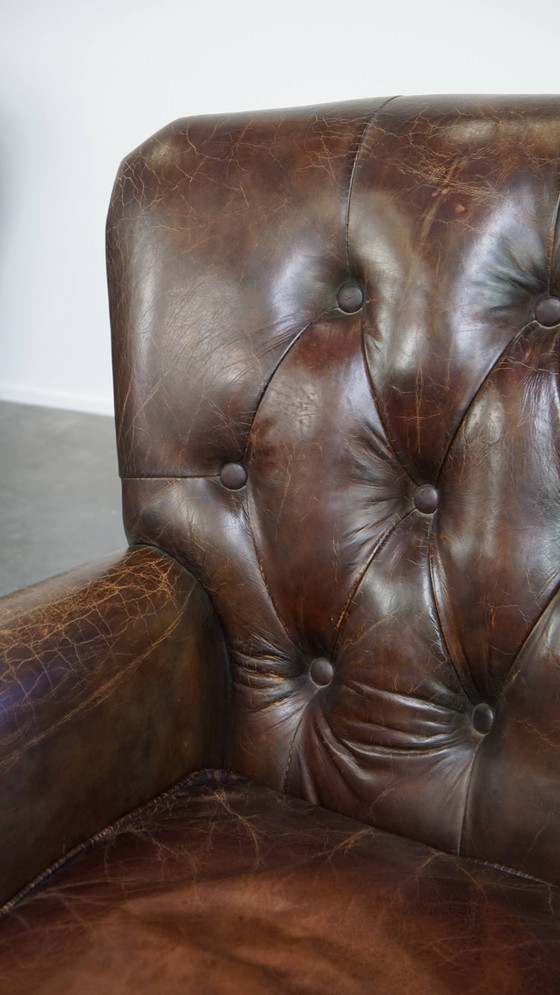 Image 1 of Cognackleurige Bruin Rundleren Chesterfield Fauteuil