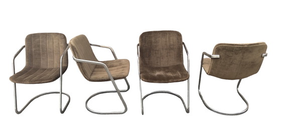 Image 1 of 4 Chromen frame met stoffen groen/bruine bekleding eetkamerstoel