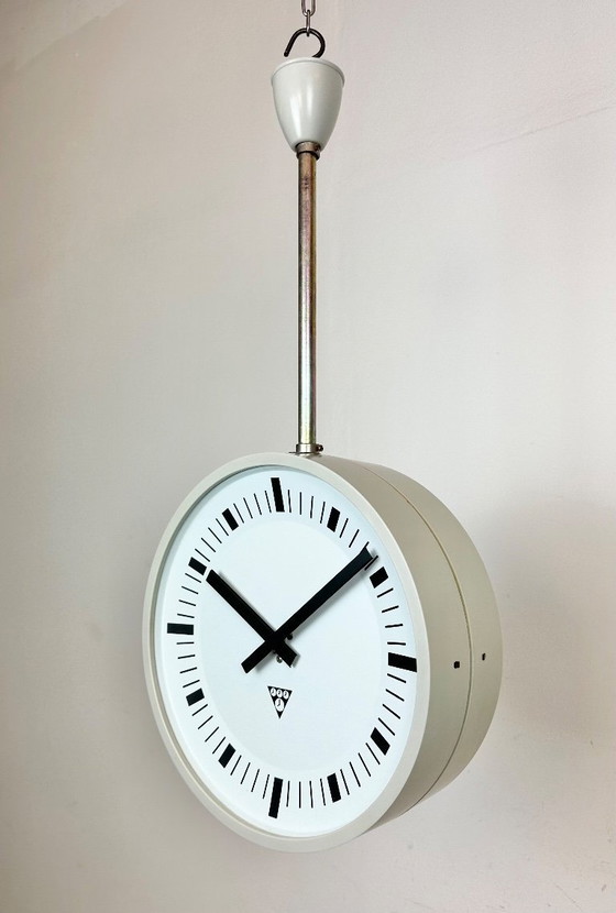 Image 1 of Grey Industrial Bakelite Double Sided Factory Clock from Pragotron, 1980s